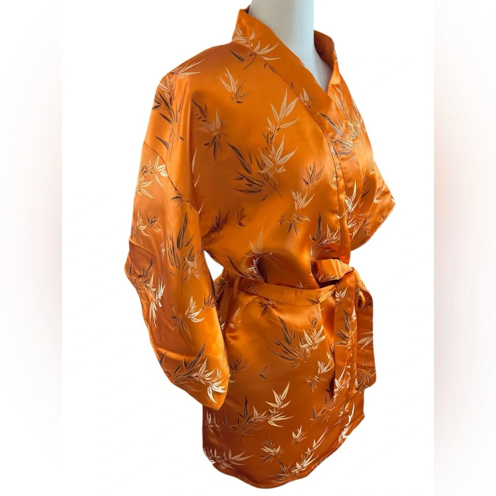 Oriental Orange Kimono Robe with Belt and Gold,Copper,Brown Leaf Pattern OS